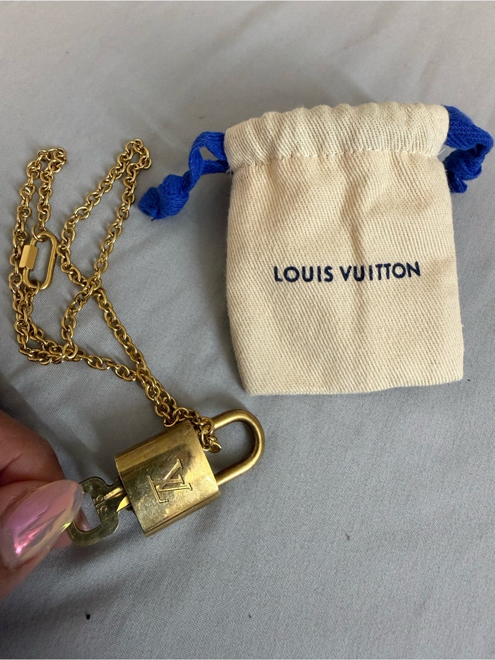 Louis Vuitton Gold Padlock Necklace with Drawstring Pouch